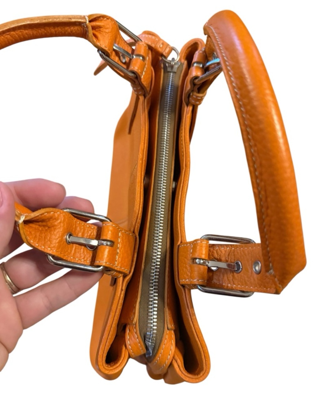 DOONEY & bourke Structured Pebbled Orange Leather Satchel with Top Handles - Picture 3 of 8
